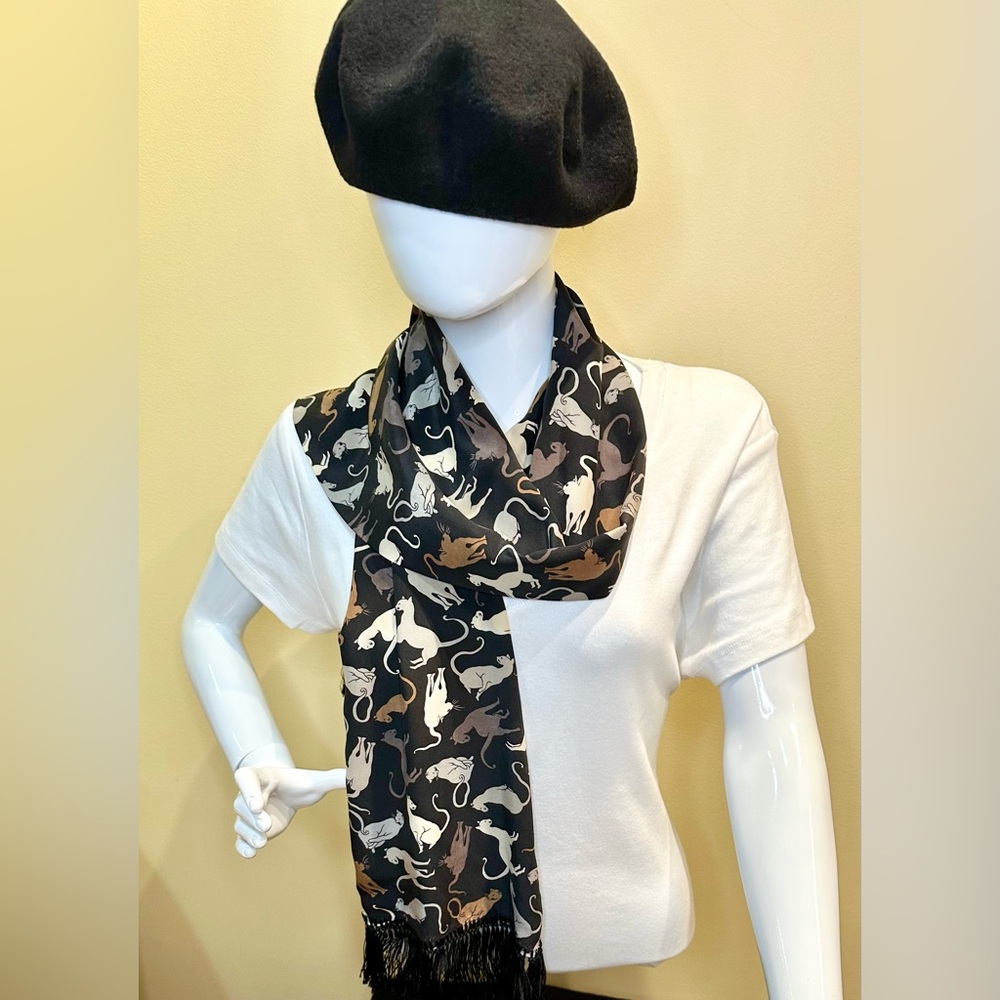 🌟HP🌟VTG 1990s Museum of Fine Arts Boston (MFA) Black 100% Silk Cat Scarf Fringe - Picture 10 of 11